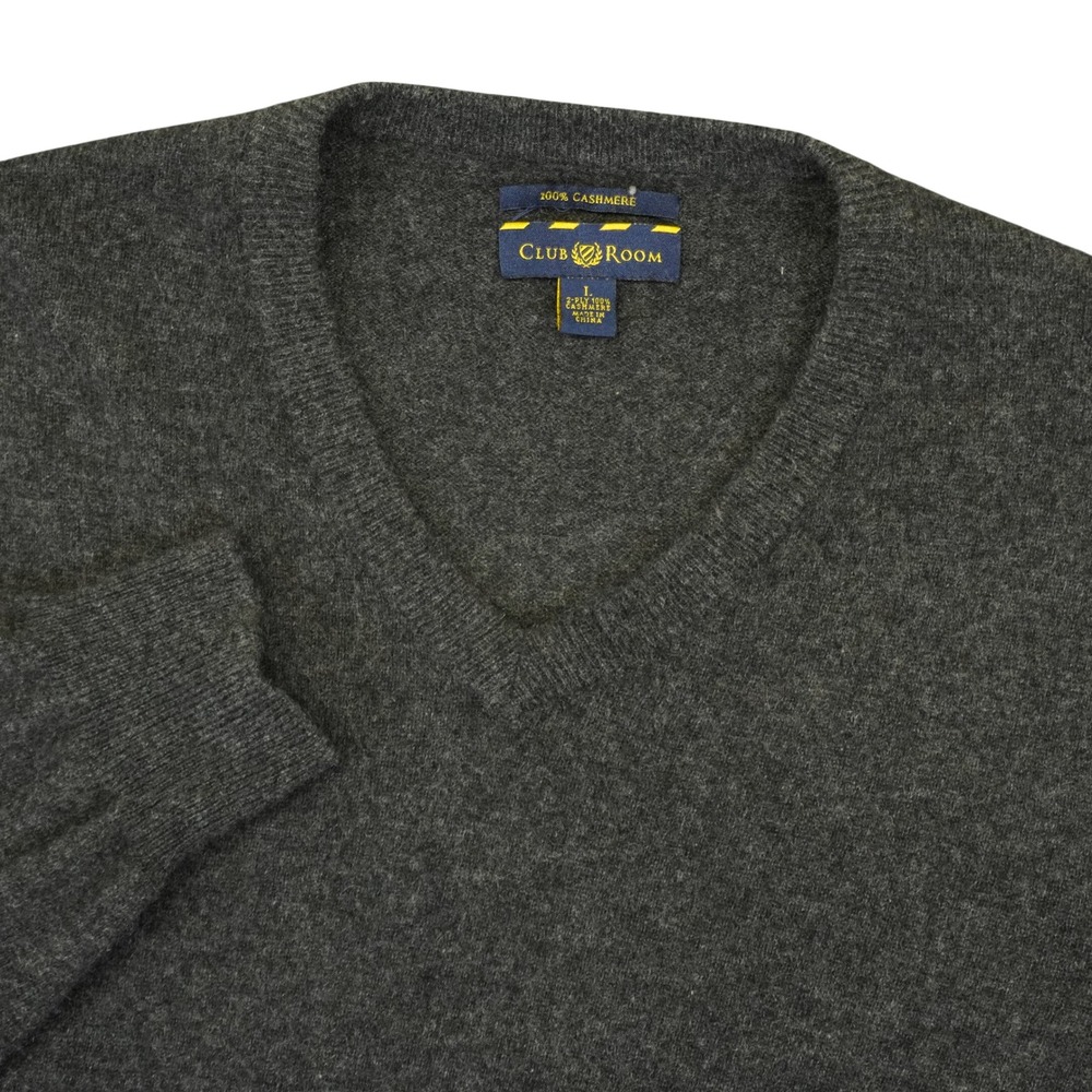 Club Room Sweater Mens Large Grey 100% Cashmere V-Neck Long Sleeve 2-Ply Knit